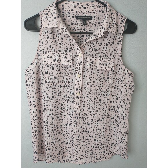 BananaRepublic BlushPink BlackLeopardPrint SleevelessButtonBlouse Women’sSPetite - Picture 2 of 7
